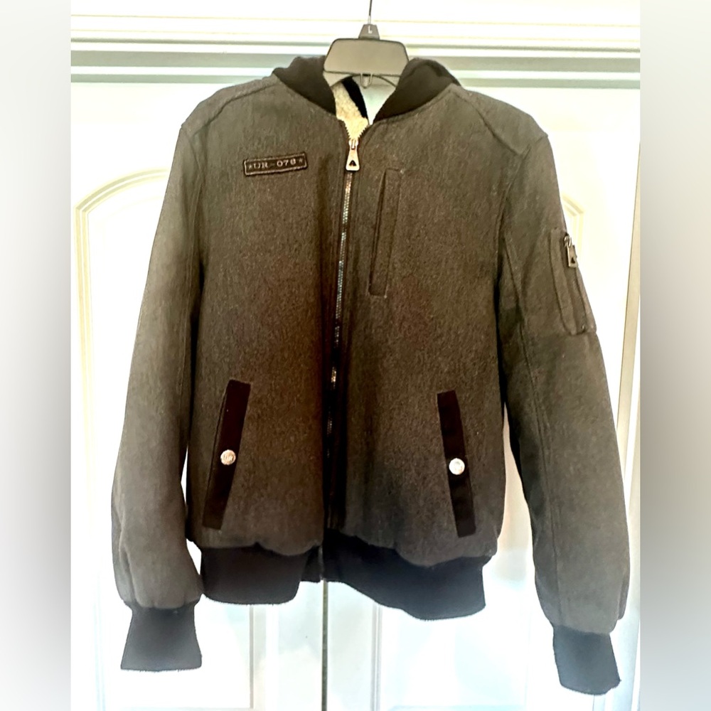 Urban Republic Hooded Gray/Black Bomber Sherpa Lined Men's Coat Size M